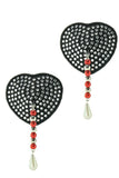 Crystal Heart Nipple Covers with Beads & Pearls in Black