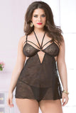 Black Floral Lace Halter Babydoll Set in OSXL