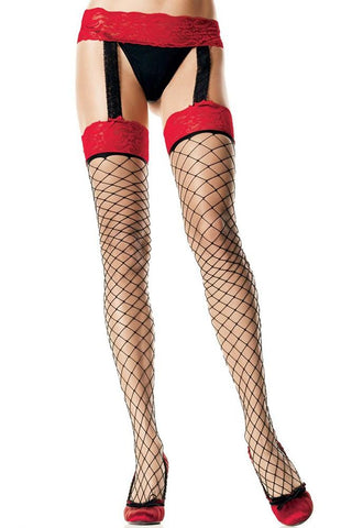 Fence Net Garterbelt Stockings with Red Lace Top in OS