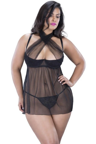 Tie Front Shelf Cup Babydoll & G-String Set in 1X
