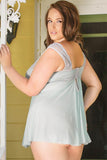 Misty Blue with Grey Lace Babydoll & G-String Set in 1X/2X