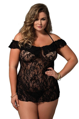 Black Floral Lace Halter Chemise in OSXL