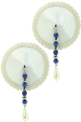 Round White Satin Nipple Covers with Beading and Drop Pearl