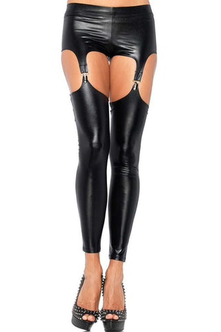 Wet Look Footless Leggings with Attached Garter in S