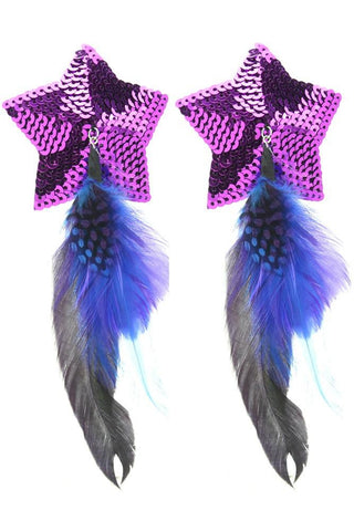 Sequin Star Nipple Covers with Feathers in Purple
