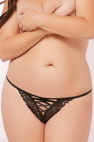 Classic Black Floral Galloon Front Lace Thong in 1X/2X
