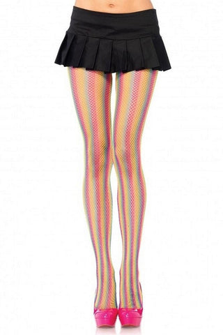 Neon Rainbow Striped Fishnet Pantyhose in OS