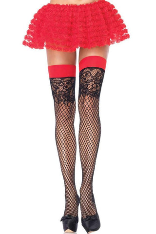 Industrial Net Thigh Highs with Floral Lace Detail in OS