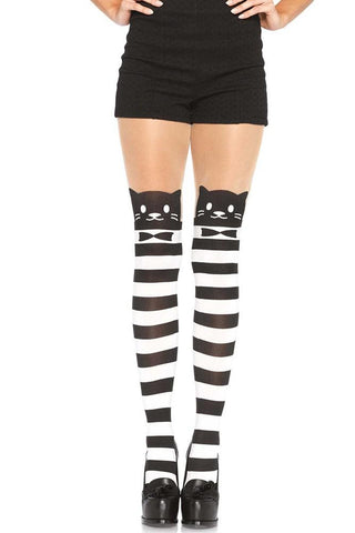 Fancy Cat Striped Pantyhose with Sheer Thighs in OS