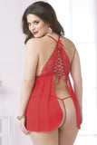 Red Floral Lace Racerback Babydoll and Thong in OSXL