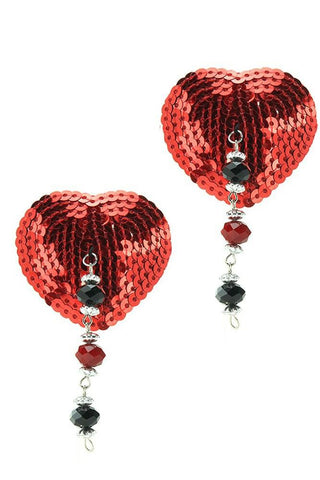 Sequin Heart Nipple Covers with Faceted Beads in Red