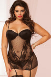 Black Rose Lace and Dotted Mesh Chemise Set in 1X/2X