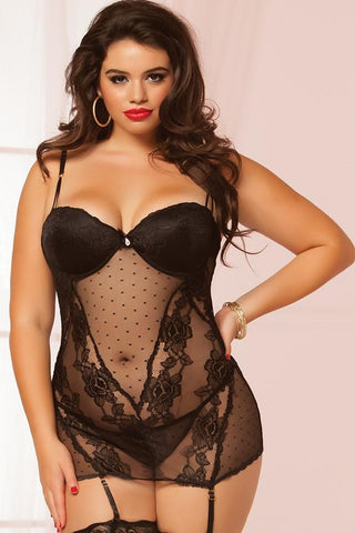 Black Rose Lace and Dotted Mesh Chemise Set in 3X/4X