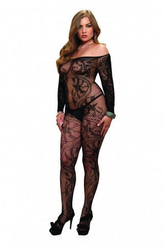 Seamless Spiral Lace Off the Shoulder Bodystocking in OSXL