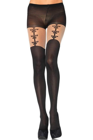 Opaque Pantyhose with Faux Woven Bow Garter Detail in OS