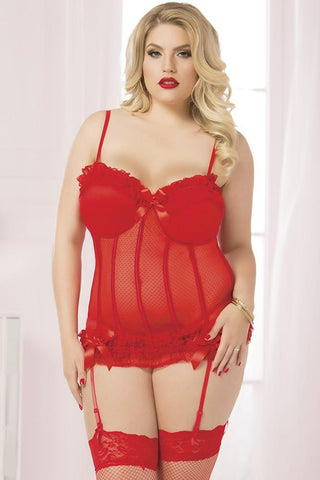 Red Polka Dot Mesh Ruffled Bustier and Thong in 1X/2X