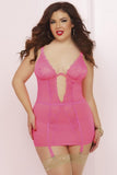 Hot Pink Galloon Lace and Mesh Chemise and Thong in 1X/2X