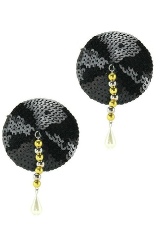 Round Sequin Nipple Covers with Drop Pearl in Black