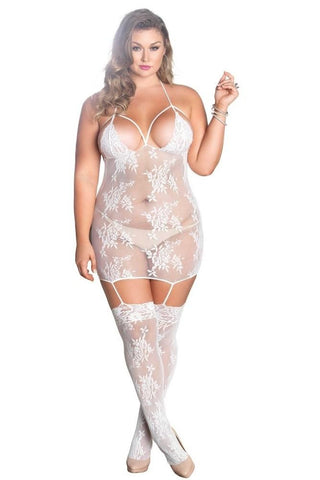 White Floral Lace Cage Strap Bodystocking in OSXL