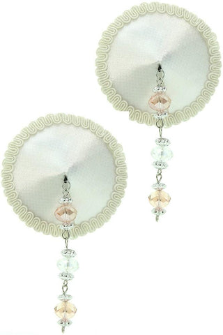 Round White Satin Nipple Covers with Pink Crystal Beading