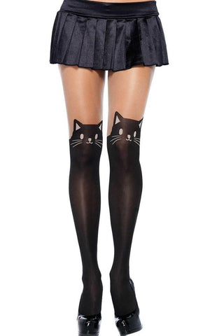Black Cat Pantyhose with Nude Sheer Thigh Accent in OS