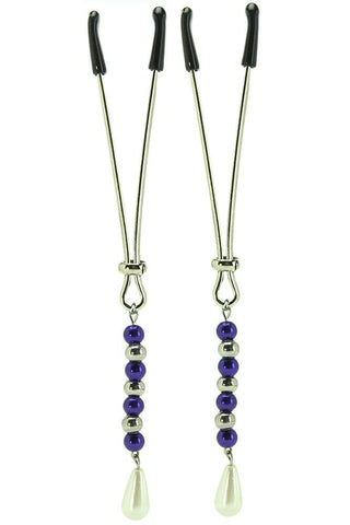 Tweezer Nipple Clamps with Purple and Pearl Tassels