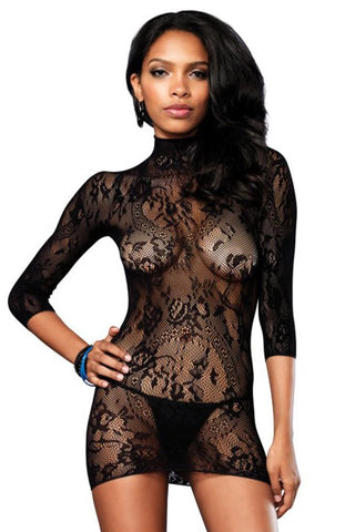 Floral Lace, High Neck, Open Back Mini Dress in OS