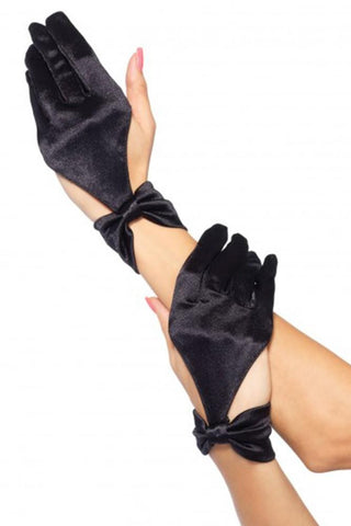 Satin Cut Out Glove with Bow Wrist Detail in Black