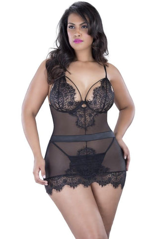 Eyelash Lace Babydoll & G-String Set in 2X