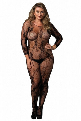 Seamless Floral Lace Long Sleeved Bodystocking in OSXL