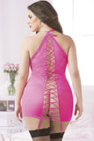 Plunging Pink Lace Racerback Chemise with Thong in OSXL