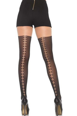Black Opaque Pantyhose with Suture Backseam Detail in OS