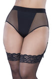 Black Fishnet High Waist Panty with Garters in 1X/2X