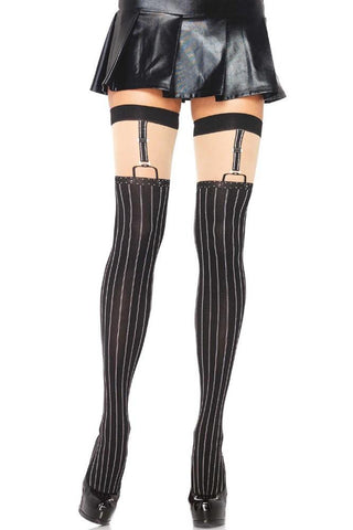 Pinstriped Thigh Highs with Faux Suspender Detail in OS