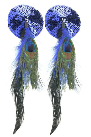 Round Sequin Nipple Covers wtih Peacock Feathers in Blue