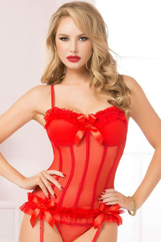Red Polka Dot Fence Mesh Ruffle Bustier Set in M