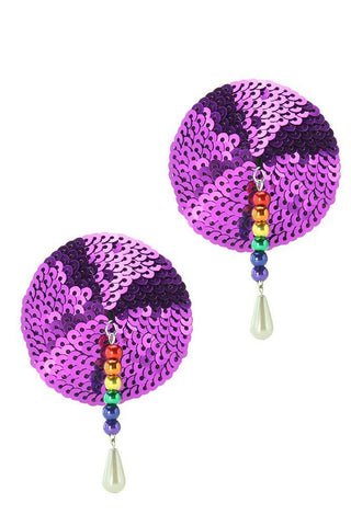 Round Sequin Nipple Covers with Rainbow Beads in Magenta
