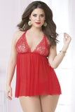 Red Floral Lace Racerback Babydoll and Thong in OSXL