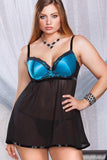 Teal Halter Mesh & Lace Babydoll in 2X