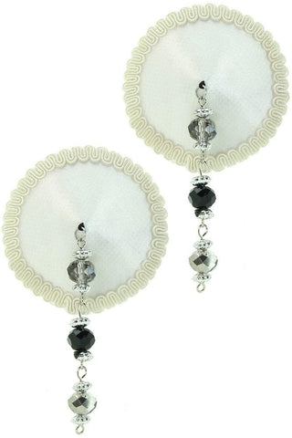 Round White Satin Nipple Covers with Black & Silver Beads