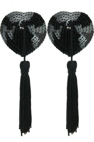 Sequined Heart Pasties With Tassels Black in OS