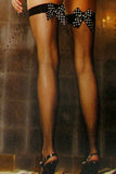 Black Fishnet Thigh Highs with Printed Bows in OS
